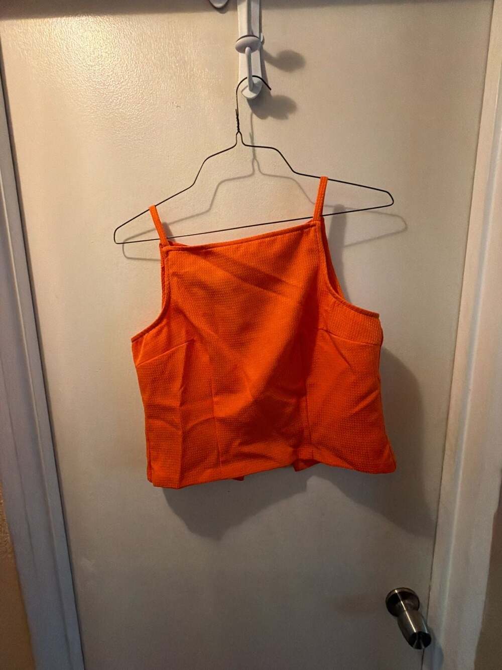 My Michelle Orange Seersucker Square Neck Button Back Crop Tank